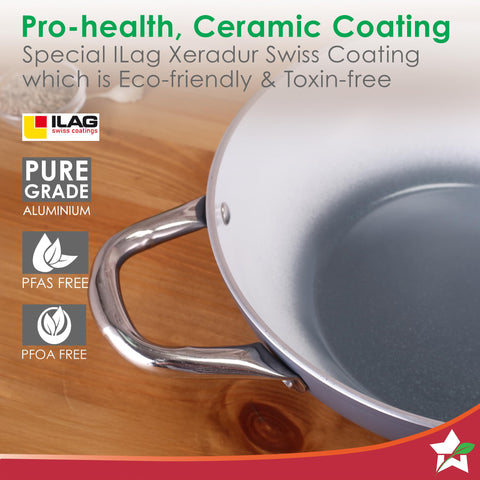 Wonderchef Eco-Glide Kadhai with Glass Lid | | Chemical-Free Ceramic Coating | 24cm, 2.5L | Healthy, Low Oil Meals | Scratch-Resistant | Stainless-Steel Handle | Gas & Induction Compatible | Grey