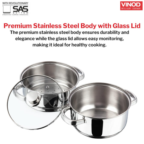 Vinod Stainless Steel 2-Tier Steamer with Glass Lid, 20 cm | Steamer for Momos, Modaks, Vegetables & More | Riveted Handles | Induction & Gas Base | 2 Yr Warranty