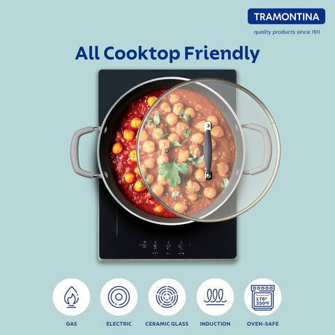 Tramontina Velo 32cm / 8.0L Forged with Ceramic Reinforced Interior Kadai | Tempered GlassLid | Kadhai for Curry Deep-Fry Stir-Fry | Silicone Grip Handles | Gas/Induction | Cook & Serve | Sand Beige