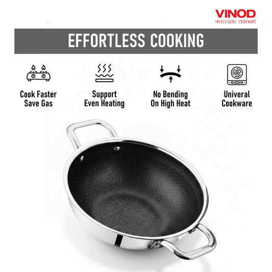 Vinod SAS Pro Platinum Triply Stainless Steel Extra Deep Kadai - 22 cm, 2.5 L | HexaShield Design Stick-Resistant Surface | Metal Spatula Safe | Healthy Cooking | Induction & Gas Base | PFOA Free