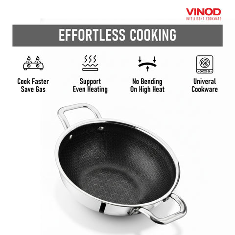 Vinod SAS Pro Platinum Triply Stainless Steel Extra Deep Kadai - 22 cm, 2.5 L | HexaShield Design Stick-Resistant Surface | Metal Spatula Safe | Healthy Cooking | Induction & Gas Base | PFOA Free