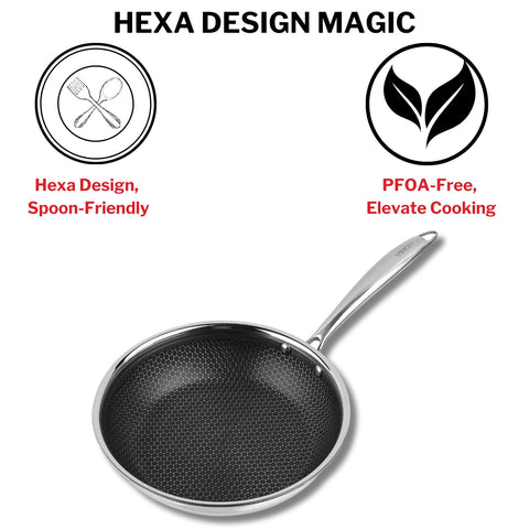 Vinod SAS Pro Platinum Triply Stainless Steel Hybrid Non Stick Frypan - 24 cm | Etched Hexa Design Stick-Resistant Surface | Healthy Cooking | Metal Spatula Safe | Induction & Gas Base | Toxin Free
