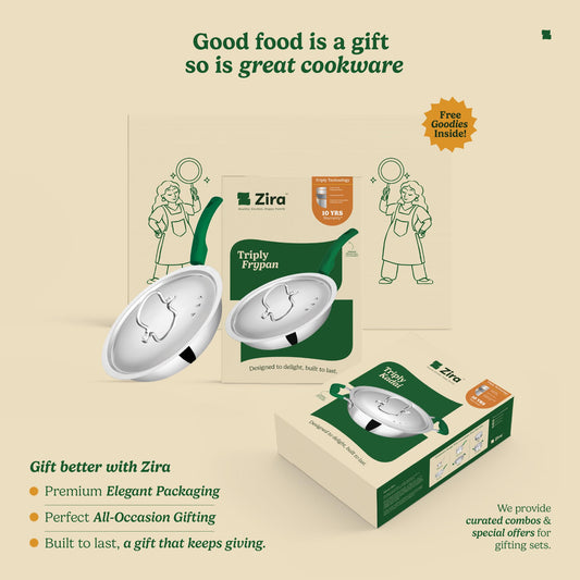 Zira Triply Stainless Steel Frying Pan with Steamer Lid | 22cm, 1.3L | Fire Proof, Anti Slip Silicone Handle | Induction & Gas Friendly Triply Frying Pan | 2.5mm Thick Heavy Bottom | 10 Year Warranty