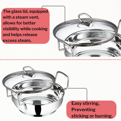 Vinod Stainless Steel Kadhai with Glass Lid 20 cm | Extra Thick SAS Heavy Bottom Cookware | Induction & Gas Stove Compatible