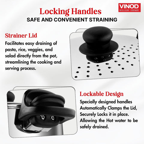 Vinod Stainless Steel Rice & Pasta Pot with Strainer Lid - 24cm | SAS Bottom, Locking Handles | Induction & Gas Compatible | Multi-Purpose Cookware for Vegetables, Noodles, Biryani | Rust-Free.
