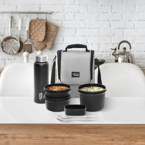 Jaypee Plus 1390 ml Stainless Steel Office Lunch Box | BPA Free, Microwave Safe & Spillproof Airtight 4 Containers | Includes Bottle, Spoon, Fork & Insulated Bag | Ideal for College & School (Grey)