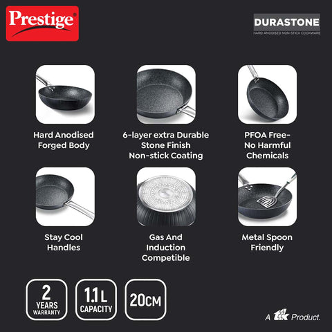 Prestige Durastone 20Cm(1.1L) Hard Anodised Non-Stick Fry Pan with 6 Layers Extra Durable Stone Finish Coating|Gas & Induction Compatible|Stay Cool Handles|Black