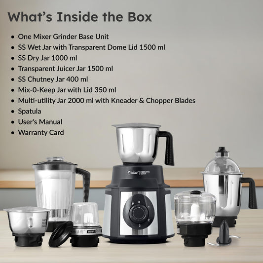 Prestige Endura 1000 Watt Mixer Grinder with 6 Jars | Heavy-Duty Ball Bearing Motor | 3 Stainless Steel Jars + 1 Juicer + 1 Mix-O-Keep + 1 Multi-Utility | SS Baldes | Black | 5Y Motor Warranty