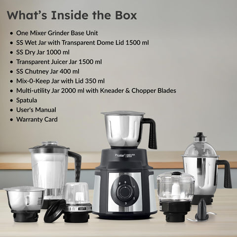 Prestige Endura 1000 Watt Mixer Grinder with 6 Jars | Heavy-Duty Ball Bearing Motor | 3 Stainless Steel Jars + 1 Juicer + 1 Mix-O-Keep + 1 Multi-Utility | SS Baldes | Black | 5Y Motor Warranty