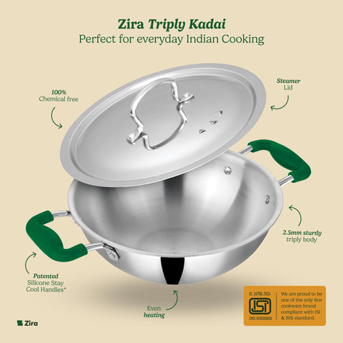 Zira Triply Stainless Steel Kadai with Steamer Lid | 22 cm, 2.3L | Fire Proof, Stay Cool Silicone Handle | Induction & Gas Friendly | 2.5mm Heavy Bottom Triply Kadhai | 10 Year Warranty