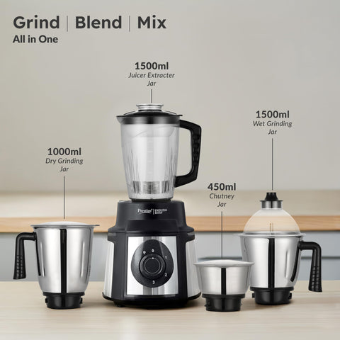 Prestige Endura 1000 Watt Mixer Grinder with 4 Jars | Heavy-Duty Ball Bearing Copper Motor | 3 Stainless Steel + 1 Juicer | Super Efficient SS Blades | Black | 5Y Motor Warranty