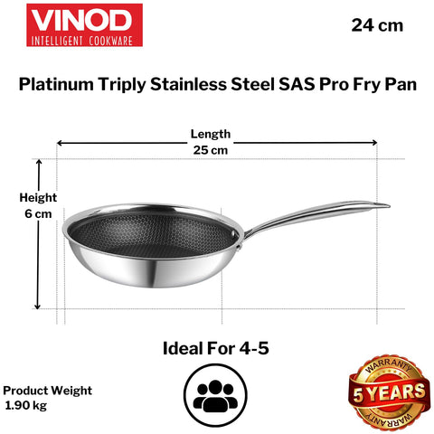 Vinod SAS Pro Platinum Triply Stainless Steel Hybrid Non Stick Frypan - 24 cm | Etched Hexa Design Stick-Resistant Surface | Healthy Cooking | Metal Spatula Safe | Induction & Gas Base | Toxin Free