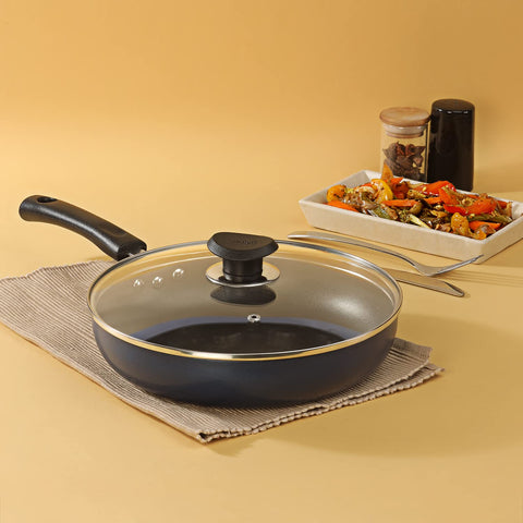 Vinod Zest Aluminium Non Stick Deep Frypan with Lid - 4.6 litre, 30cm | Skillet Pan for Frying | 3mm Thick | 3 Layer Coating | Scratch Proof | 1 Year Warranty - Gas Base