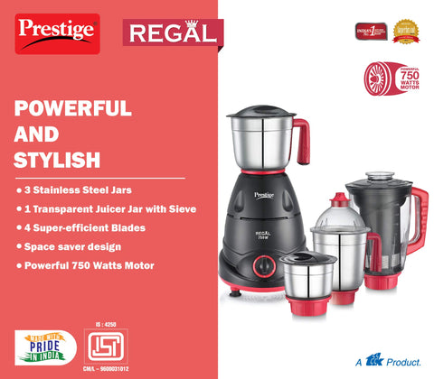 Prestige 750 Watts Regal Mixer Grinder with 4 Jars (3 Stainless Steel Jars + 1 Juicer Jar)| Black
