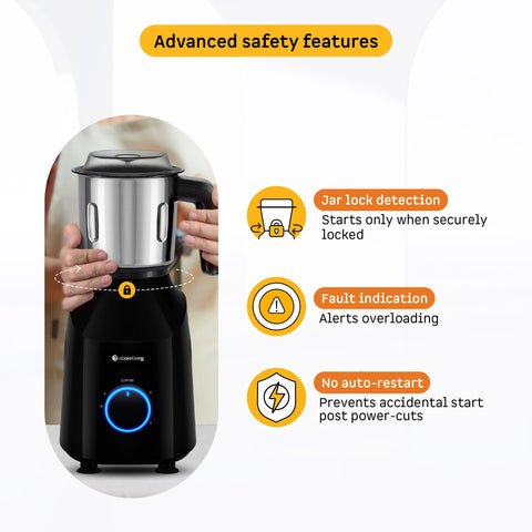 Atomberg Yulia 750 Watt Mixer Grinder | 4 Multipurpose Jars including Chopper Jar | Coarse Mode for Silbatta-like Textures | Powerful Intelligent Motor | Advanced Safety Features | Gloss Black