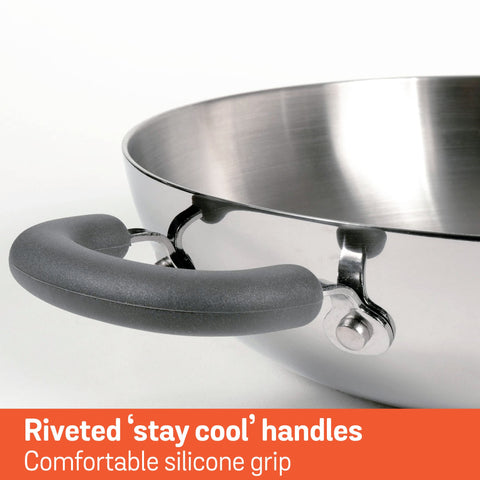 Meyer Trivantage Nickel Free Stainless Steel Triply Kadai | Steel Kadhai with Lid | Stainless Steel Kadhai | Kadhai for deep Fry, 30cm, Silver