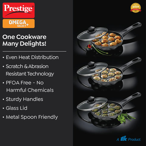 Prestige Omega Select Plus Non-Stick Paniyarakkal with lid (Appe Maker)|16 pits| 24cm|Residue Free Coating |Metal Spoon Friendly
