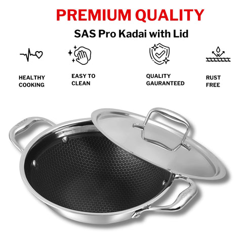 Vinod SAS Pro Platinum Triply Stainless Steel Kadai - 2.5 L | HexaShield Design Stick-Resistant Surface | Metal Spatula Safe | Less Oil, Healthy Cooking | Induction & Gas Base | PFOA Free
