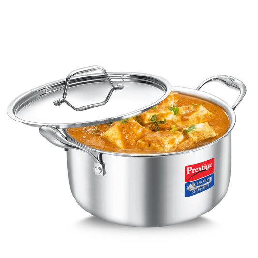 Prestige 24cm/5.5L Tri-Ply Stainless Steel Splendid Casserole| Gas and Induction Compatible |Even Heat Distribution| Thick Gauge Tri-Ply Body| Perma Cool Handles|15 Year Warranty