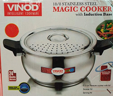 Vinod 18/8 Stainless Steel Magic Outer Lid Pressure Cooker - 5.5 Liters with a Pressure Cooker Lid, Straining Lid and Glass Lid (Induction and Gas Friendly), Silver
