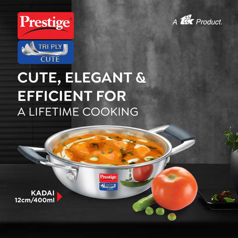 Prestige 12cm/400ml Tri-Ply Stainless Steel Cute Kadai|Gas & Induction Compatible| Even Heat Distribution|Perma-Cool Handles|Thick Gauge
