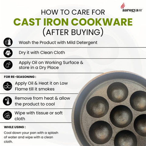 Aarogyam Cast Iron Appam/Kuzhi/Paniyaram/Appe Maker Tawa 9 Cavity Square Double Handle | Pre-Seasoned | Non-Toxic | Naturally Non-Sticky | Gas Compatible | No Chemical Coating
