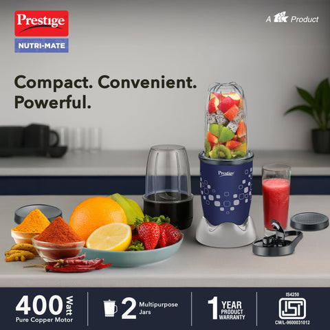 Prestige Nutri-Mate 400W Mixer Grinder 2 Multipurpose Jars (Lids-1 Sipper, 1 Storage, 1 Sprinkle) Blue