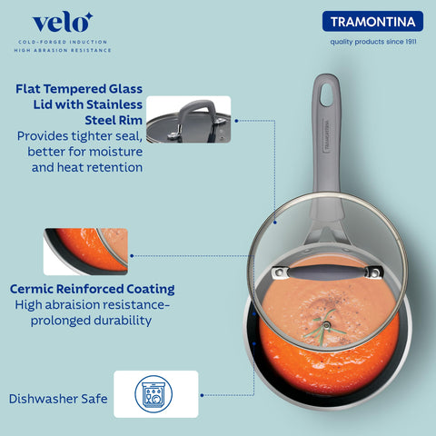 Tramontina Velo 16cm/1.9L Forged with Ceramic Reinforced Interior Sauce Pan with GlassLid | Milk Boiling Pot/Pan |Tea Pan/Pot | Gas/Induction | Silicone Grip Handles | Cook & Serve | Sand Beige