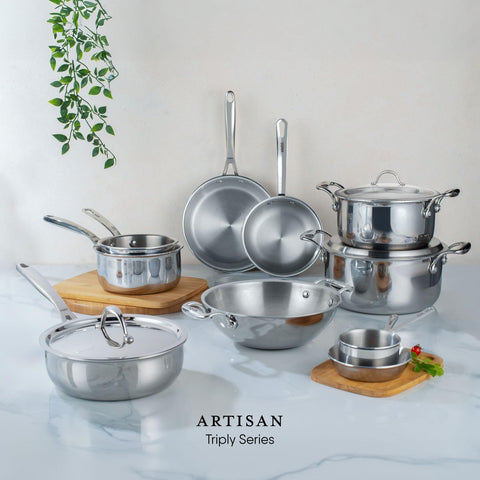 Stahl Artisan Triply Stainless Steel Sauce Pot with Lid, 12.2 L, 24 cm, Stainless Steel Casserole | Tri Ply Biryani Pot with Induction Base | Serves 15 People