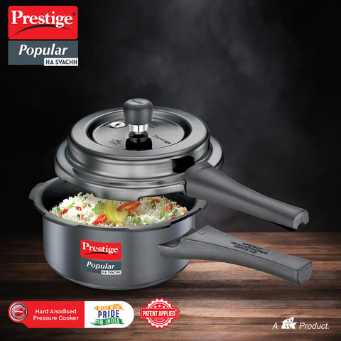 Prestige 2 Litre Hard Anodised Popular Svachh Outerlid Pressure Cooker|Deep Lid for spillage Control|Gas compatible|Gasket Release System|Metallic Safety Plug|5 years warranty|ISI Certified