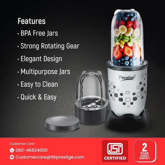 Prestige Nutri-Mix 2.0, 350W Mixer Grinder with 2 Multipurpose Jars | Compact Design | Dual Safety Interlock System | Extra Lids for Storage | Black & Grey