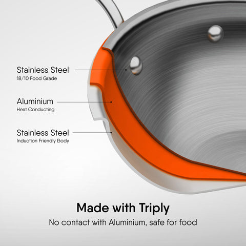 Stahl Artisan Triply Stainless Steel Wok with Lid, Deep Frypan Induction Base, Stir Fry Wok,Induction & Gas Stove Compatible, 2.4 L, 24 cm
