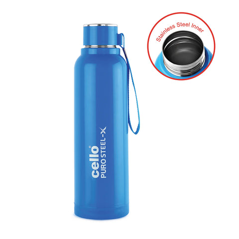 Cello Puro Steel-X Benz 900 | Leak Proof| Wide Mouth & Easy to Open | Insulated Inner Steel Outer Plastic Water Bottle | 730ml | Blue