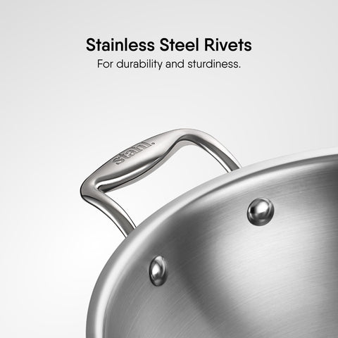Stahl Artisan Triply Stainless Steel Wok with Lid, 3.3 L, 26 cm, Deep Frypan Induction Base, Stir Fry Wok, Induction & Gas Stove Compatible
