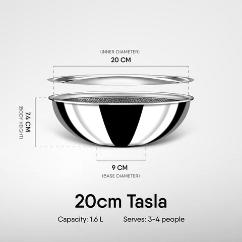 Stahl Artisan Hybrid Triply Non Stick Tasla with Lid, Stainless Steel Kadai/Tasla for Cooking, Triply Kadhai Metal Spatula Friendly, Induction & Gas Stove Compatible, 1.6 L, 20 cm