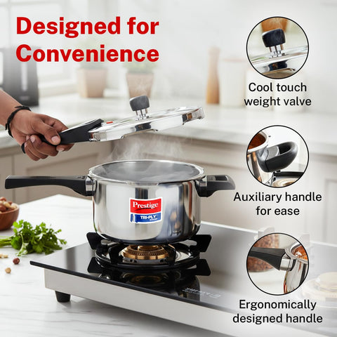 Prestige 3 Litre TRIPLY Svachh Outer Lid Pressure Cooker | Deep Lid for Spillage Control | Gas & Induction Compatible | Gasket Release System | Visual Pressure Indicator | 5Y Warranty | ISI