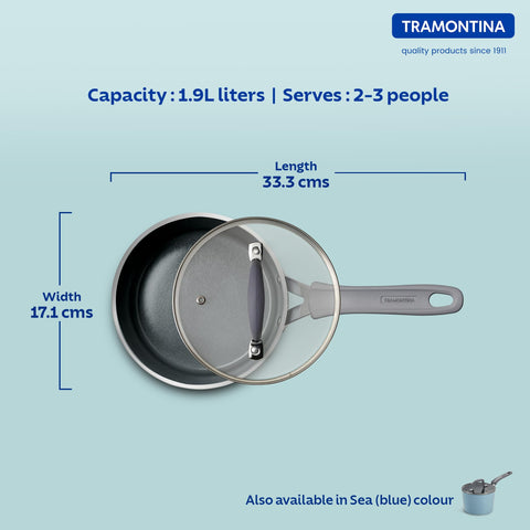 Tramontina Velo 16cm/1.9L Forged with Ceramic Reinforced Interior Sauce Pan with GlassLid | Milk Boiling Pot/Pan |Tea Pan/Pot | Gas/Induction | Silicone Grip Handles | Cook & Serve | Sand Beige