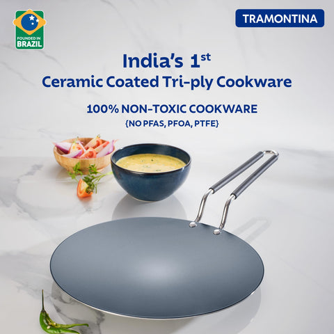 TRAMONTINA FUSAO EX+ 26cm Triply Stainless Steel Ceramic Coated Concave Tawa | Roti Tawa | Tawa for Chapati, Phulka, Paratha | Gas/Induction Compatible Cookware | Stay Cool Handle | 10 Year Warranty*