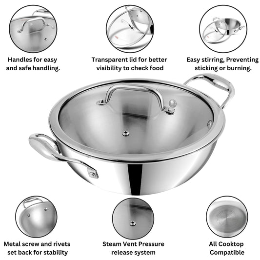 Vinod Platinum Triply Stainless Steel Extra Deep Kadai with Glass Lid - 26 cm | Even Heating, Less Oil Healthy Cooking, Heavy Bottom Induction Cookware Kadhai for Cooking & Frying