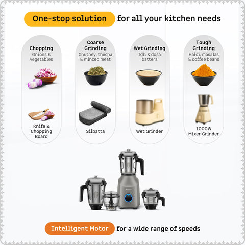 Atomberg Tavi Mixer Grinder 110V | Unique Coarse Mode for Silbatta-Like Texture | Intelligent 600W Motor | 4 Jars Including Chopper Jar | Hands-Free Operation (Matte Sand Grey)