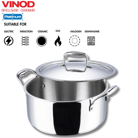 Vinod Platinum Triply Stainless Steel Saucepot with Lid – 20 cm | Biryani & Curry Pot | Induction & Gas Compatible | Easy Clean | 5-Year Warranty | Silver