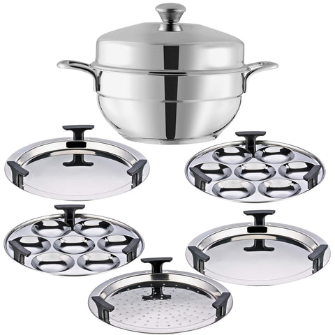 Vinod Gen - Z Multi 6 pcs Kadai with Stainless Steel Lid, 2 Idli Plates, 2 Dhokla Plates and 1 Patra Plate -Induction & Gas Stove Friendly, Sturdy Handle,SAS Bottom