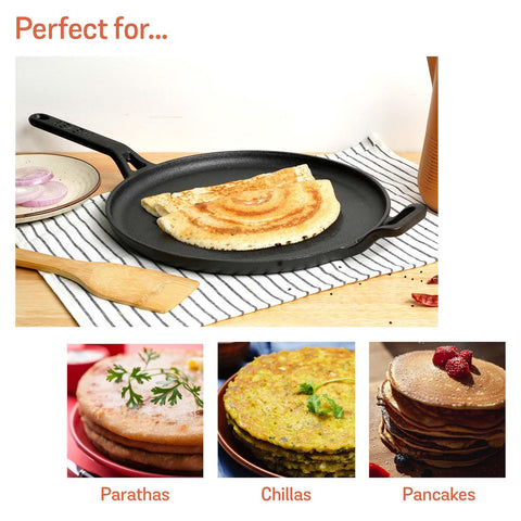 Meyer Pre-Seasoned Cast Iron Flat Dosa, Roti, Chapati Tawa Pan with Stick Handle, Dosa Kallu, Iron Tawa Big Size, Gas and Induction Compatible | 28cm, Black