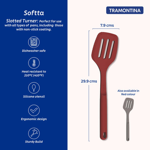 Tramontina Softta Slotted Spatula – Red Silicone Turner for Cooking, Frying & Flipping – Heat Resistant up to 210°C, Safe for Nonstick & Ceramic Cookware