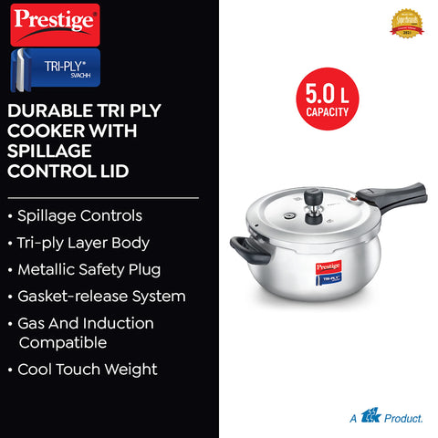 Prestige 5 Litre Svachh Tri-Ply handi pressure cooker(outer lid)|Deep Lid for spillage control|Metallic Safety Plus|5 years warranty