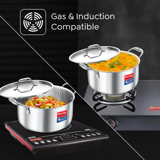 Prestige 22cm/4.4L Tri-Ply Stainless Steel Splendid Casserole| Gas and Induction Compatible |Even Heat Distribution| Thick Gauge Tri-Ply Body| Perma Cool Handles|15 Year Warranty