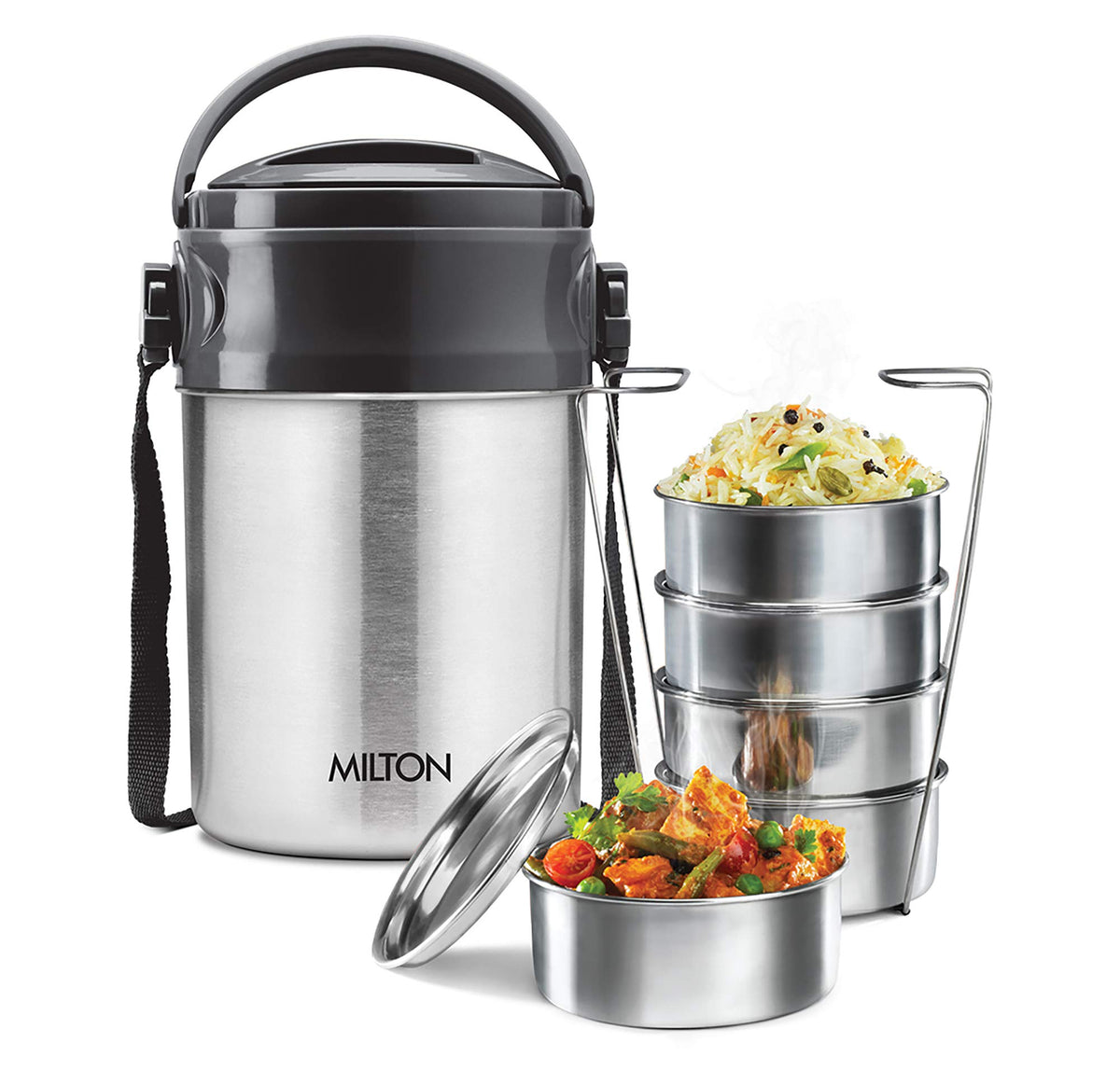 MILTON Steel On 5 Tier Insulated Stainless Steel Tiffin 5 Stackable Compartment Lunch Box 360ml Each with Handle, Silver