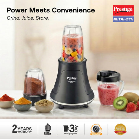 Prestige Nutri-Zen Mixer Grinder with 3 Polycarbonate Jars – Big - 1000ml | Sipper with Handle - 700ml | Small - 700ml |Compact & Powerful Blender for Juices, Shakes & More