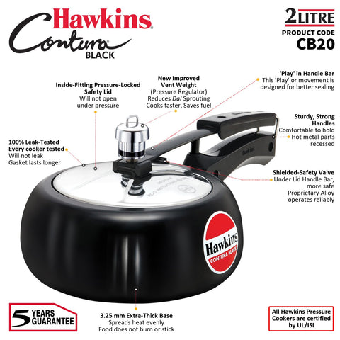Hawkins 2 Litre Contura Black Pressure Cooker, Hard Anodised Inner Lid Cooker, Handi Cooker, Black (CB20)