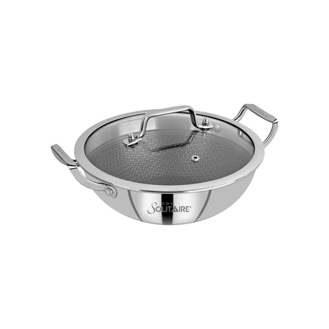 CDM SOLITAIRE Prizm Hybrid Triply Non-Stick Kadai with Glass Lid, Stainless Steel Kadai for Cooking, Triply Kadhai Metal Spatula Friendly, Induction & Gas Stove Compatible, 32 cm